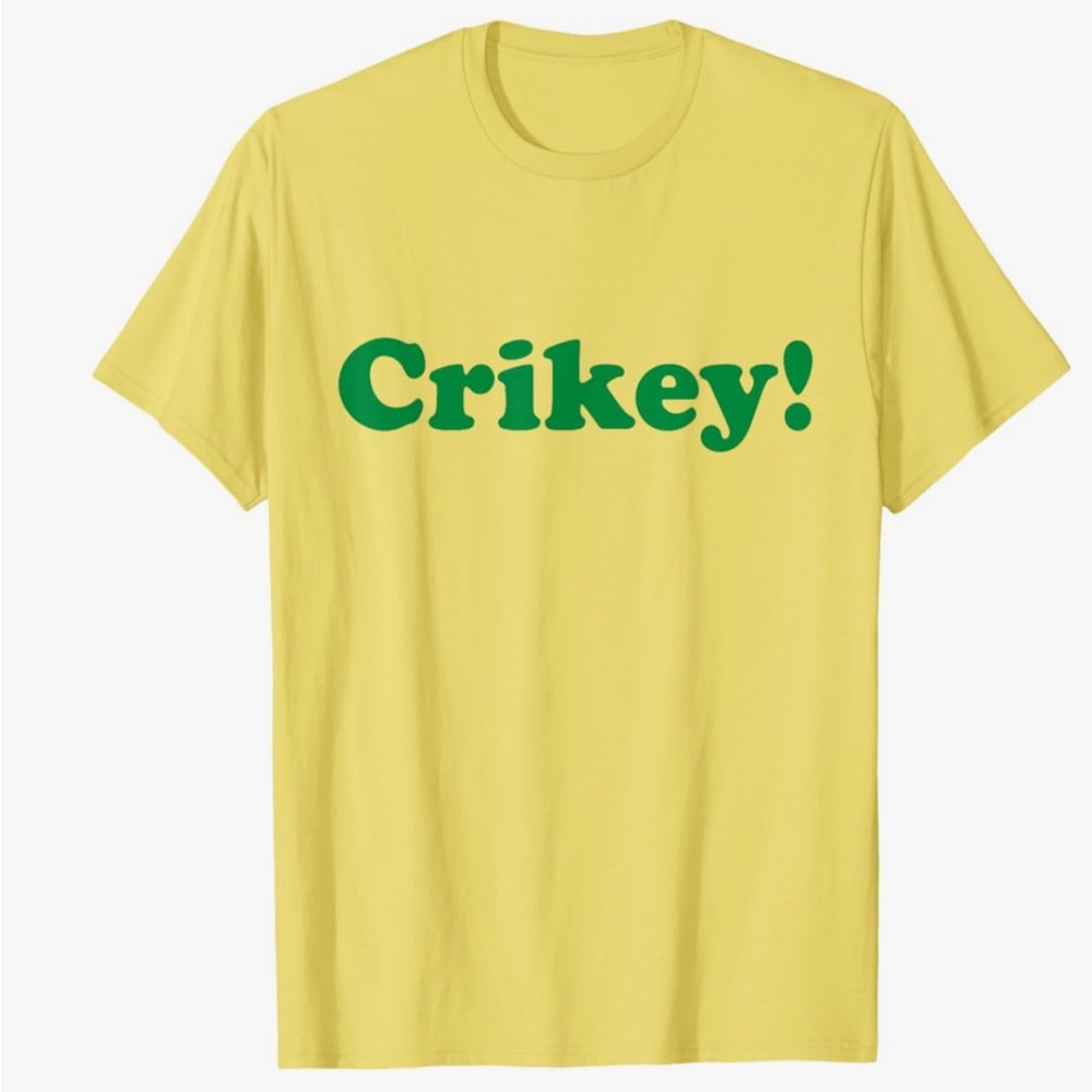 Crikey Yellow T-Shirt with Green 'Crikey!' Print. Mens Med or Large Women.